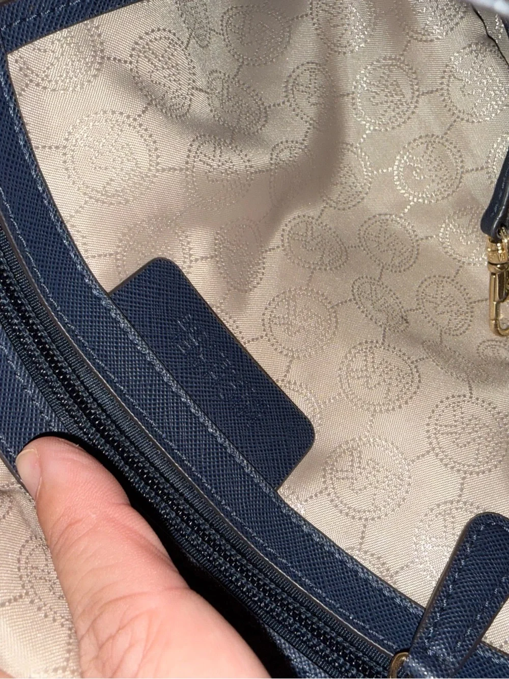 Michael Kors Navy Crossbody Pouch with Beige Signature Lining and Gold Hardware